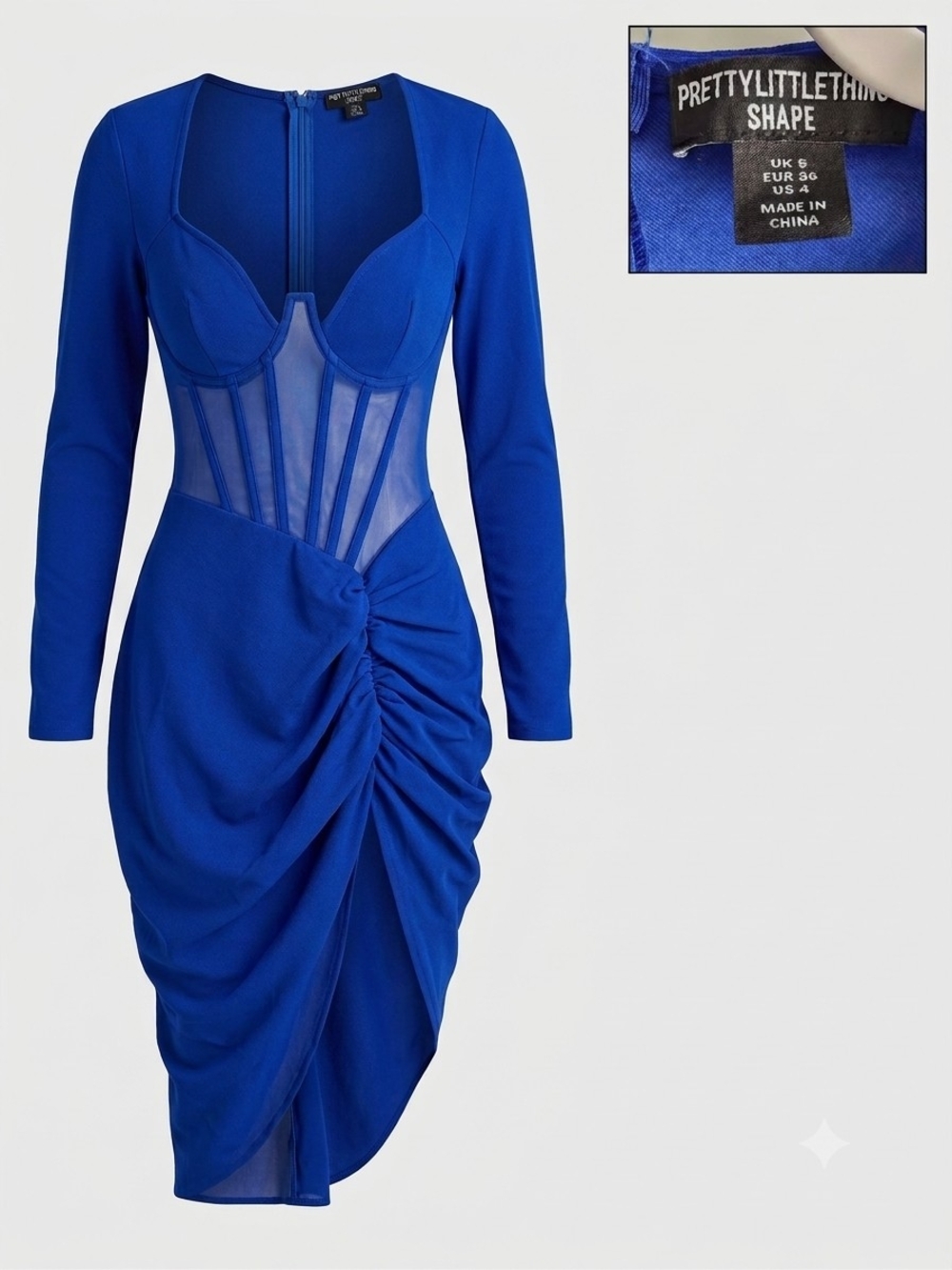 PRETTYLITTLETHING Shape Royal Blue Long Sleeve Ruched Midi Dress